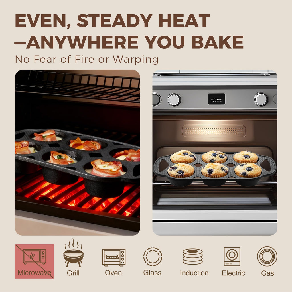 Everline Collection Cast Iron Muffin Pans, Non toxic Uncoated 6-Cup Muffin Tins, Non-Stick Pre-Seasoned Cupcake Tray