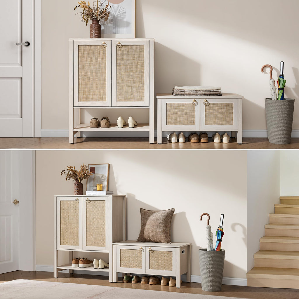 Rattan Storage Bench Boho Storage Chest with 2 Safety Hinges