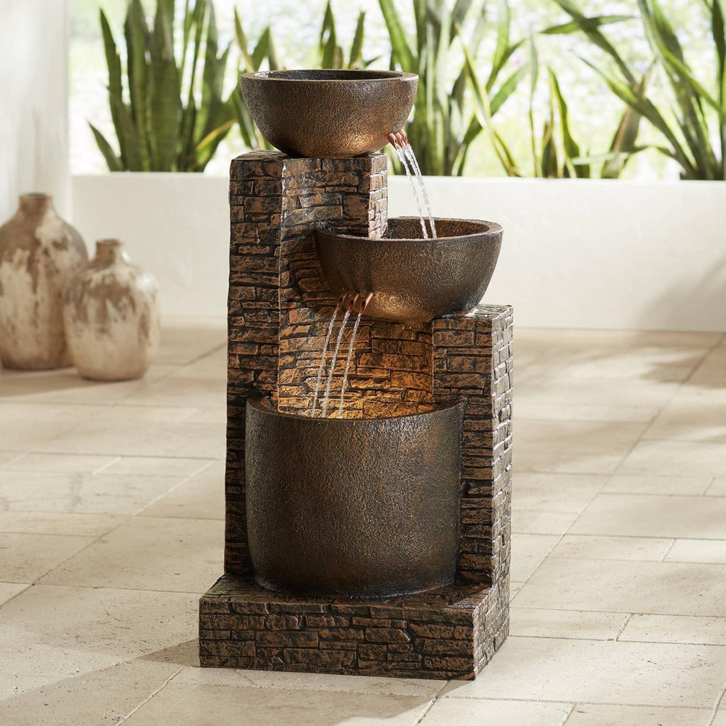 Mason 35" High Large Rustic Indoor Outdoor Decor Faux Stone Floor Fountain with Light LED Bowl Standing Tiered