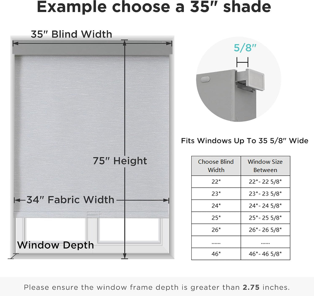 No Drill Blackout Roller Shades, 35" W X 75" H, Grey | Fast Installation, UV Protection, Cordless Blinds for Indoor