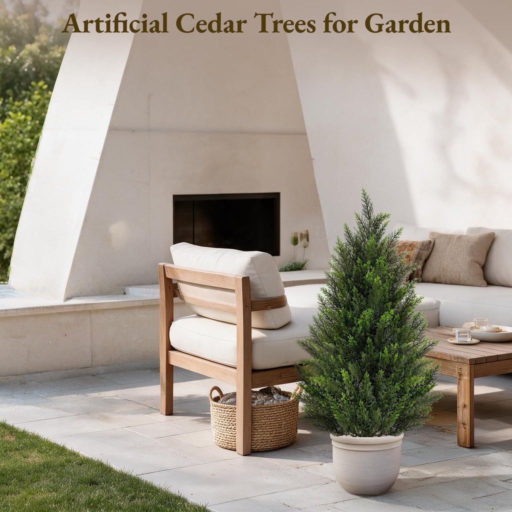 Artificial Cedar Trees 3FT Faux Cedar Topiary Evergreen Plants UV Resistant Outdoor Indoor Fake Cypress Pine Trees