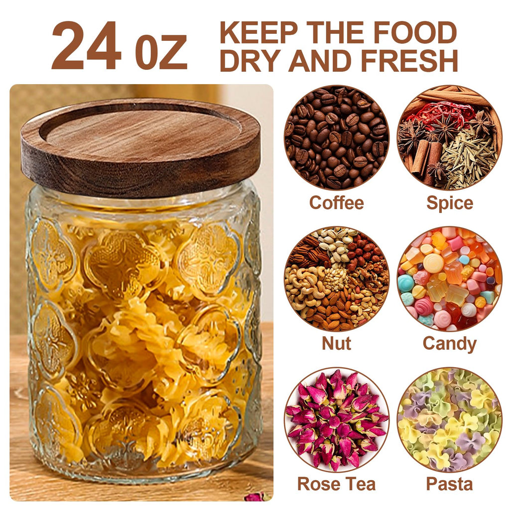 4-Pack 24 OZ Vintage Glass Jar with Lid, Airtight Food Storage Canisters with Bamboo Counter Pantry, Ideal for