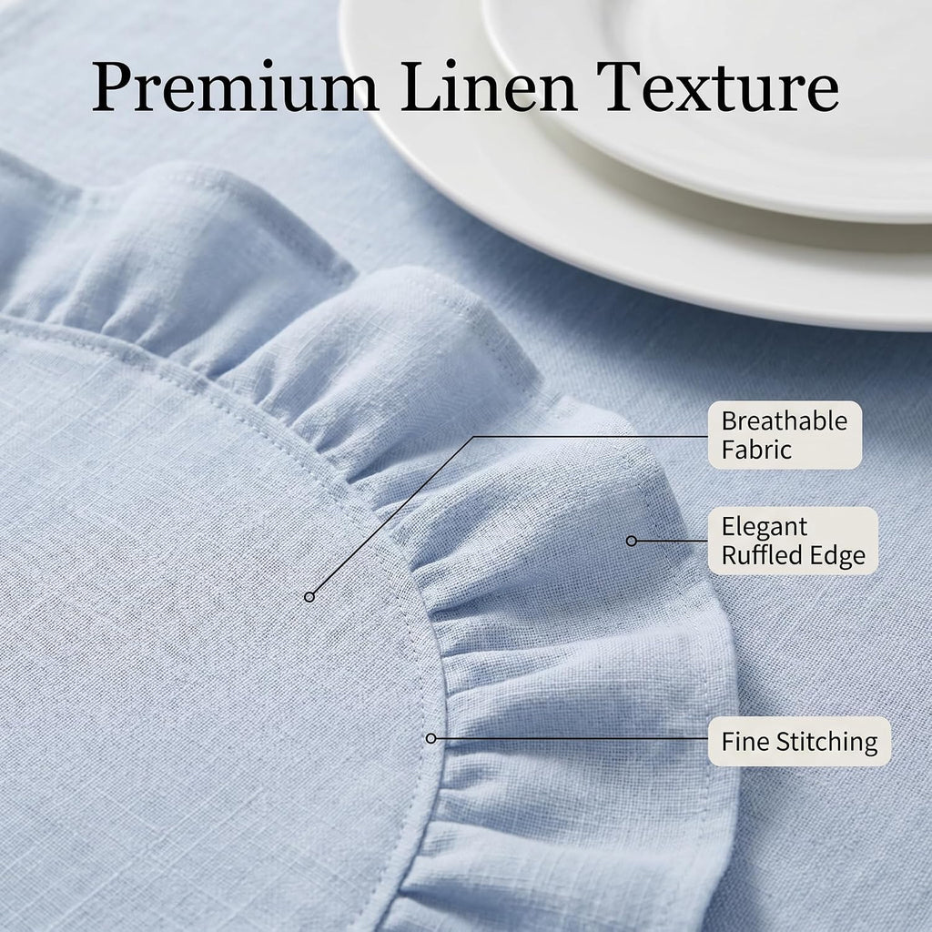 Round Ruffled Linen Blend Placemats, 15 Inch Scalloped Table Mats - Set of 4