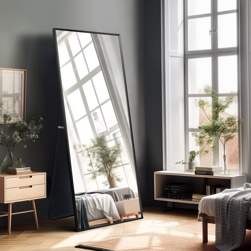 Full Length Mirror, 64"x21" Body Mirror with Stand Floor Standing Wall-Mounted Hanging or Leaning Against Wall