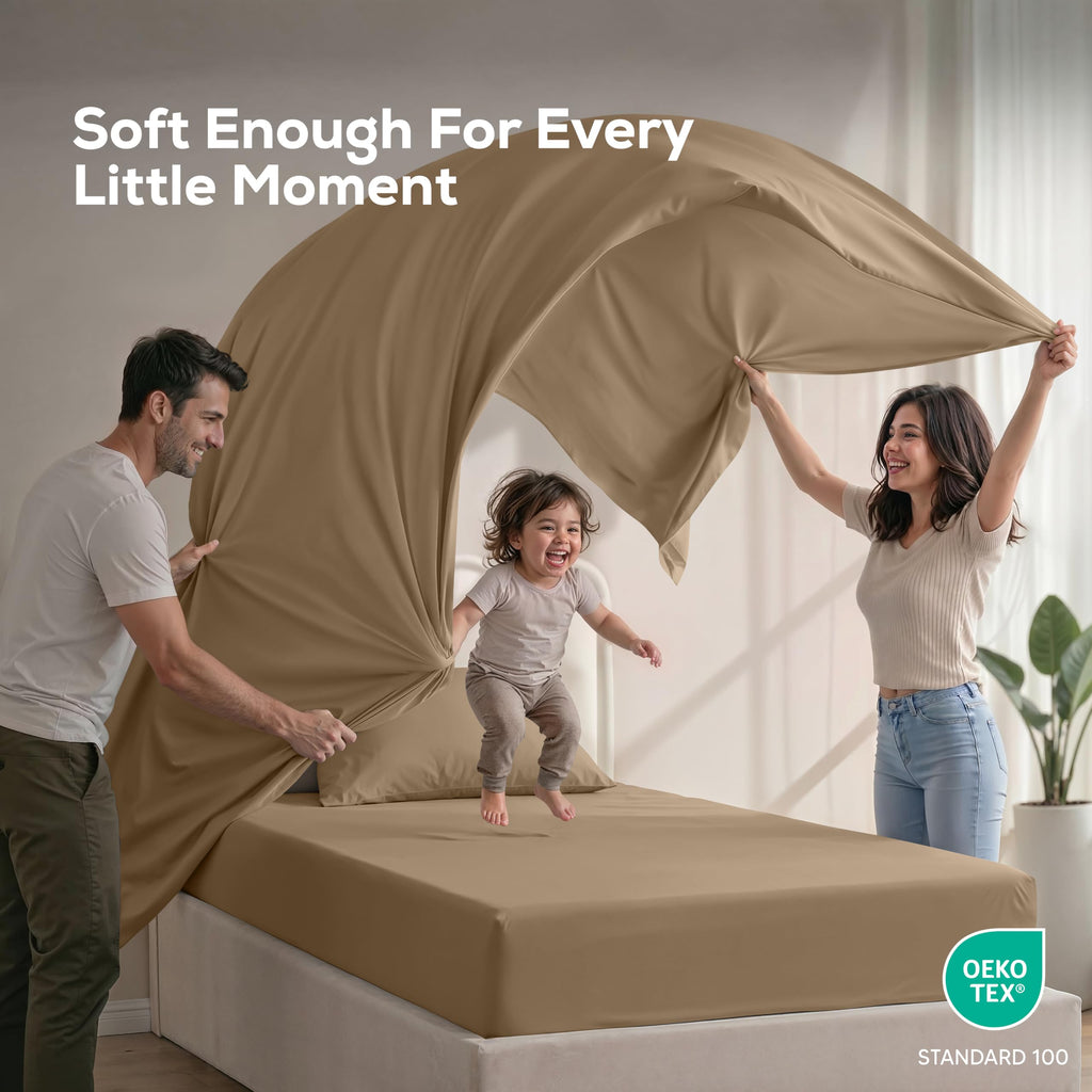 Sheets Set, 3 Pieces 16" Deep Pocket Hotel Luxury Bed Sheets, Sand
