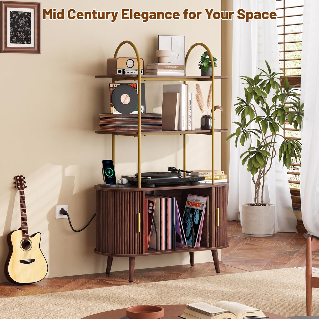 Tall Record Player Stand with Charging Station, 3 Tier Arched Shelf & Vinyl Record Storage Cabinet, Mid Century
