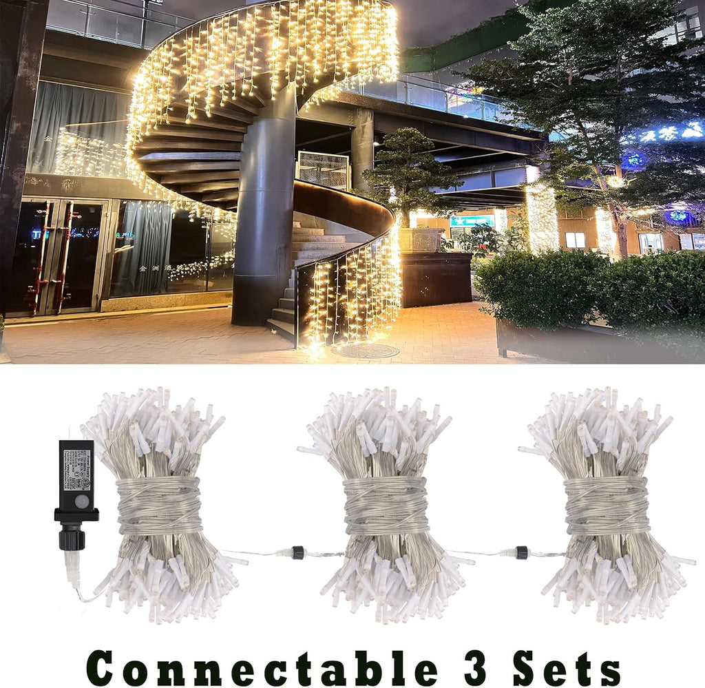 Curtain-Lights Outdoor, 300 LED-Fairy Lights, Connectable15×3.3 FT with 8 Lighting Modes, for Balconies, Fences