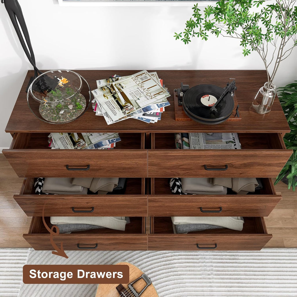 Wood Dresser , 6 Drawer Double Dresser, Mid Century Modern Chest of Drawers with Deep Drawers, Large Storage