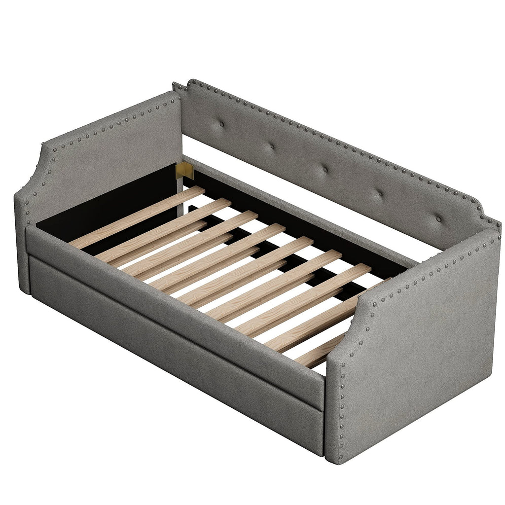 Twin Daybed with Trundle, Upholstered Daybed with Trundle, Twin Size Trundle Daybed Sofa Bed Living Room, No Box