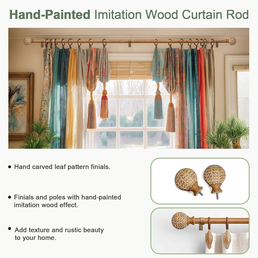 Wood Curtain Rods for Windows 48 to 84 Inch,1'' Diameter Drapery Rods with Imitation Wood Grain Leaf Pattern Finials