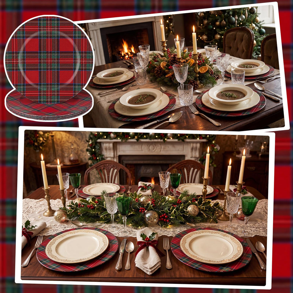 6 Pack Christmas Tartan Plaid Charger Plates 13 Inch, Red