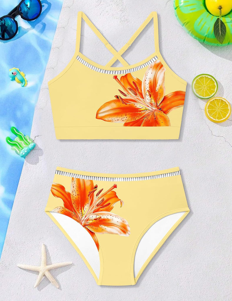 Girls Swimsuit Two Piece Cross Back Bikini Cutout Bathing Suit for Girls Adjustable Straps Swimwear