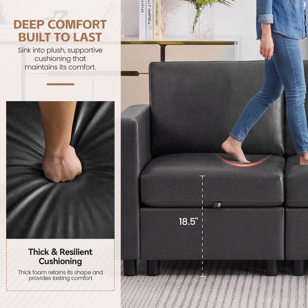 Modular Sectional Couch, 107" Faux Leather Storage 4 Seat Sofa, Grey