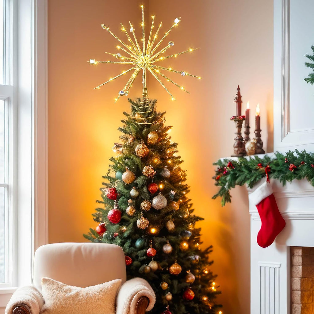 Starburst Christmas Tree Topper Lighted, Battery Operated, Gold