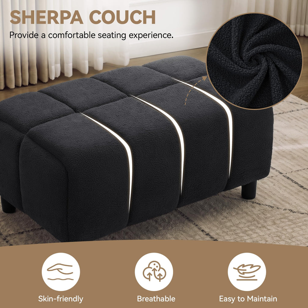 39 "Modern Boucle Ottoman, Sherpa Deep Seat Footrest for Sofa, Removable Upholstered Footstool Bench, Black