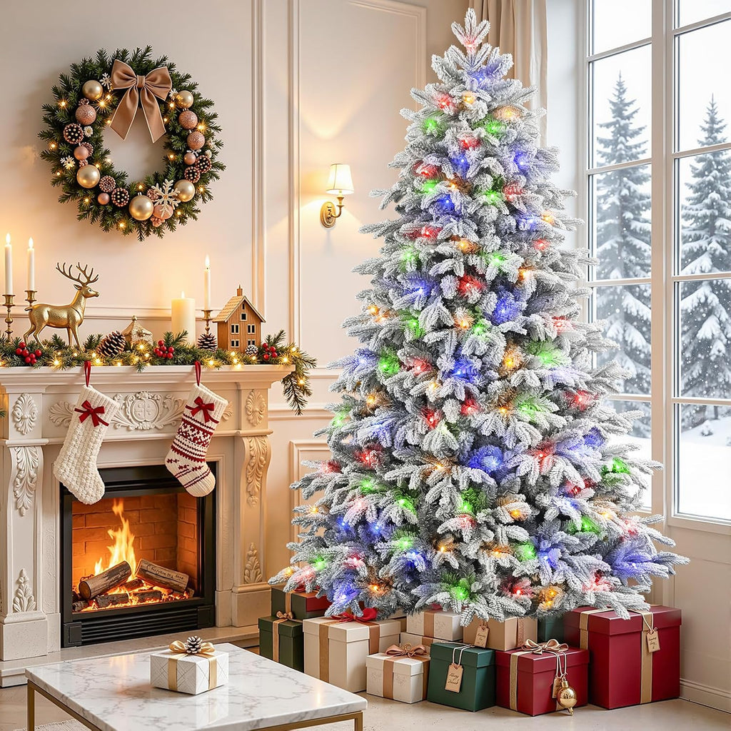 Prelit Artificial Flocked Christmas Tree & Multi-Color Lights