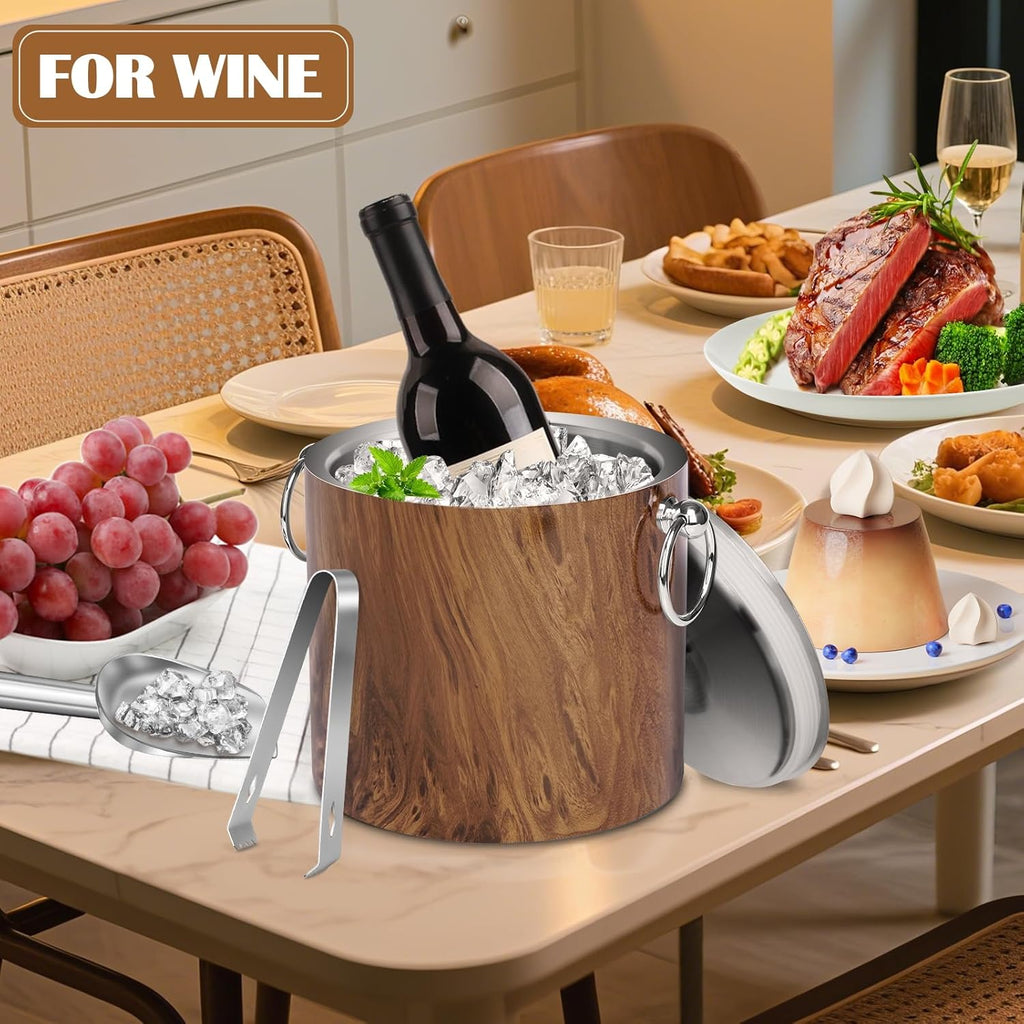 Ice Bucket with Lid & Tong- Well Made Insulated Stainless Steel Keep Ice Frozen Longer
