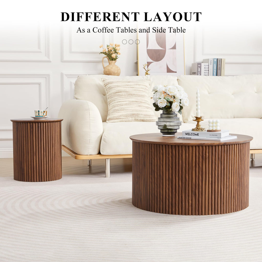 Fluted Round Nesting Coffee Table Set of 2 Circle Center Table Living Room