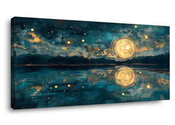 Moon Sea Ocean and Stars Canvas Wall Art -Moonrise at Sea Night Landscape Scene Printing, Blue & Gold Abstract Nature