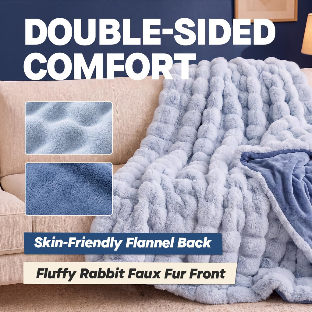 Heated Blanket Faux Rabbit Fur Electric Blanket 84"x90" Light Blue