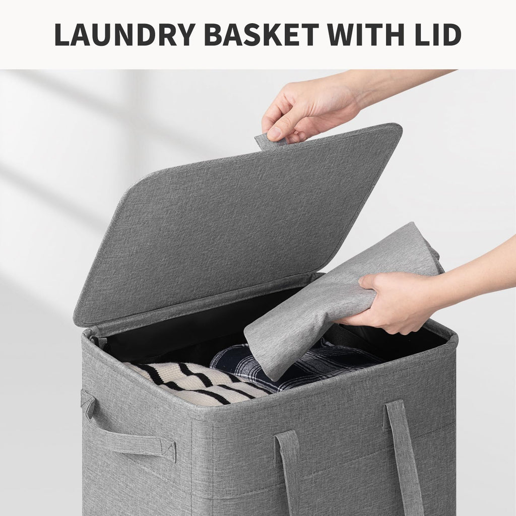 100L Large Rolling Laundry Basket with Wheels and Lid, Gray