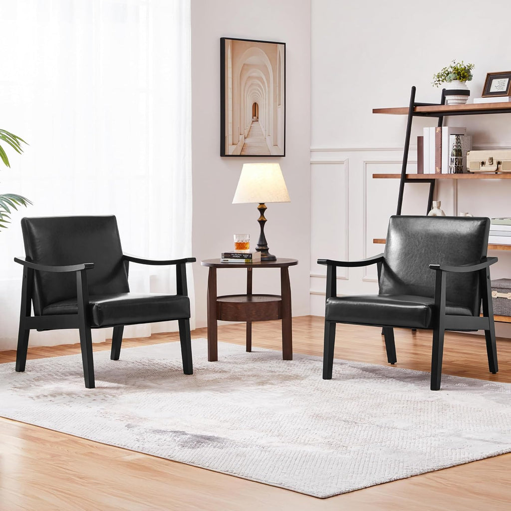 Accent Chairs, Mid-Century Faux Leather Armchairs, Black - Set of 2