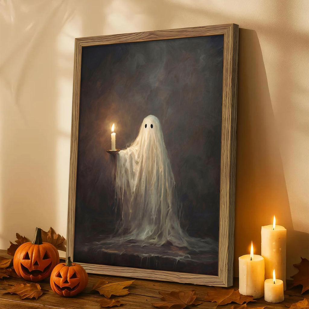 Framed Cute Halloween Ghost Wall Art - Vintage Halloween Canvas Print, Ghost Holding Candle Picture, Dark Academia