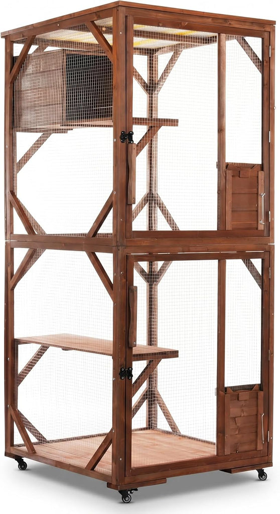 2-Tier Outdoor Cat Cage, Lockable Wheels & 3 Lockable Doors