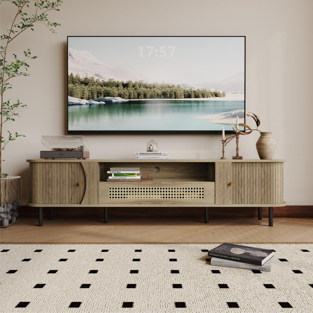 71" Mid Century Modern TV Stand, Wood TV Consoles with Sliding Doors and Rattan Door, Entertainment Center with
