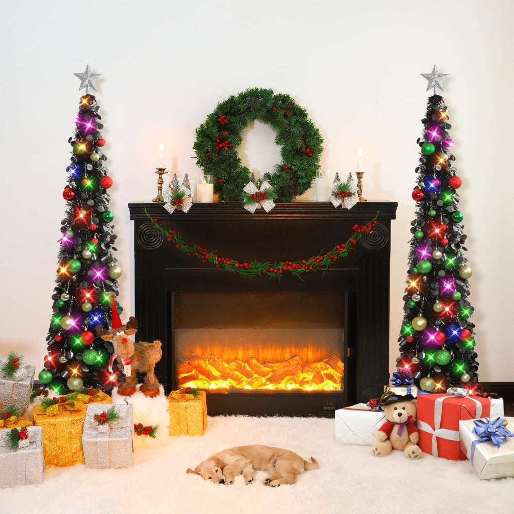 Pop Up Black Tinsel Christmas Tree, 5Ft Collapsible with Lights & 30 Balls, Skinny Christmas Tree Decor for Holiday