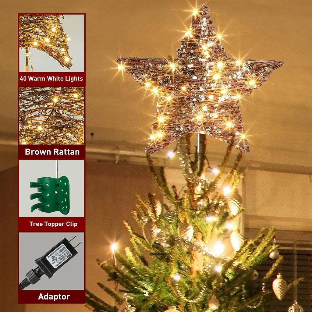14" 40 LED Christmas Rattan Tree Topper Lighted Star Topper