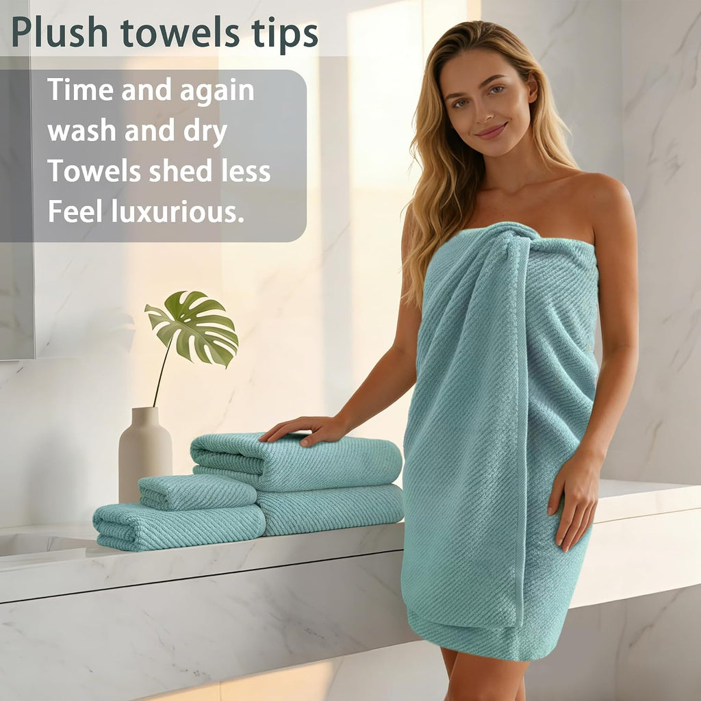 6PC Towel Set, 100% Cotton, Aqua Teal | 2 Bath 30x56 In, 2 Hand 18x28 In, 2 Washcloths 13x13 In, Thick, Soft, Quick