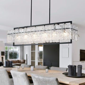 Modern Rectangle Black Crystal Chandeliers, 42" Large Rectangular Water Ripple Glass Island Light Fixture, Linear