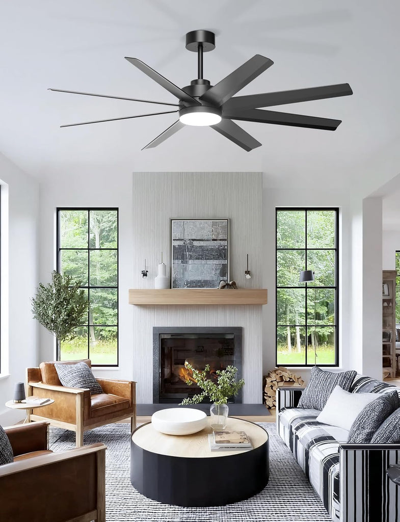 60'' Ceiling Fan with Light - Modern Black 8 Blades Ceiling Fan Remote/APP Control, Dimmable, DC Motor Outdoor Fan