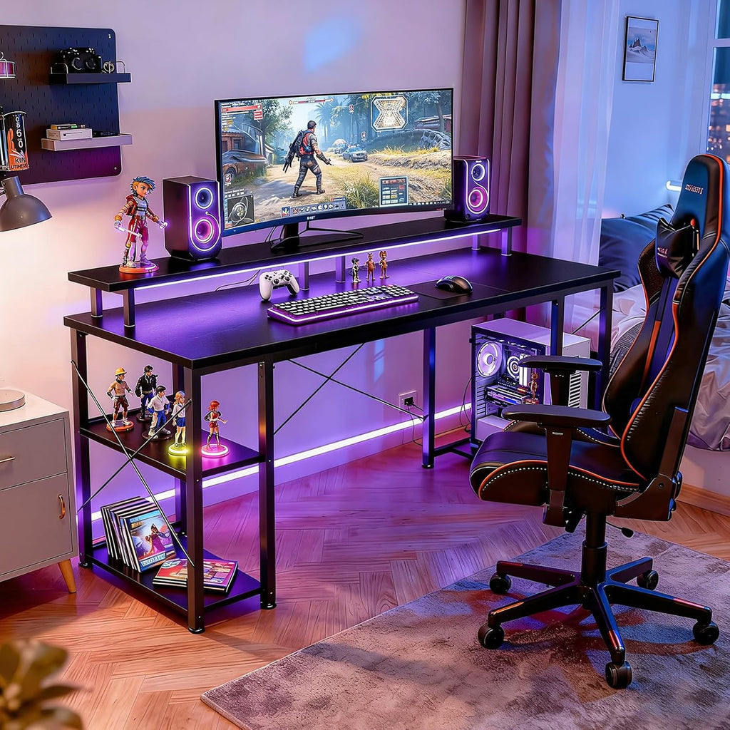 55 Inch Gaming Desk with LED Lights & Storage Shelves, Black | Customizable LED lighting • Raised monitor stand •