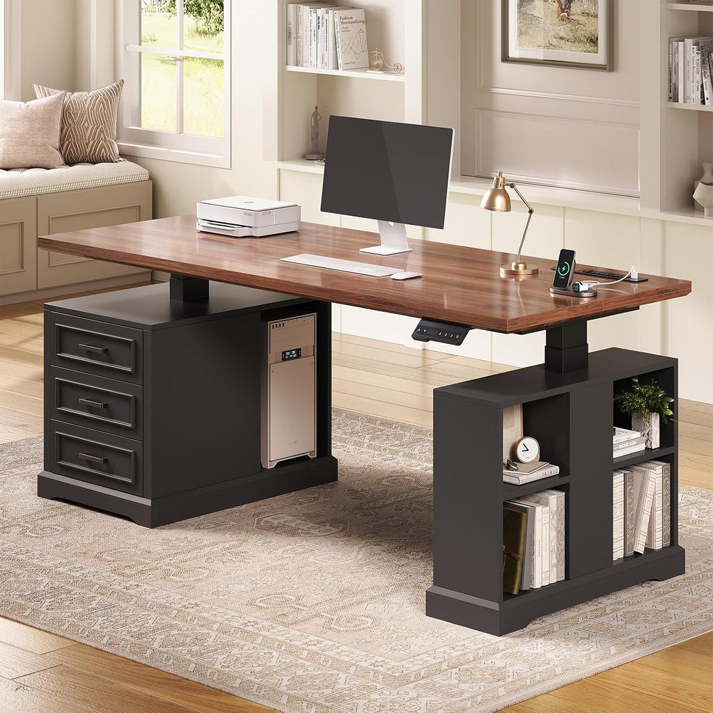 63" Farmhouse Electric Standing Desk with 3 Drawers, Storage Shelves | Height Adjustable Computer Desk with Power