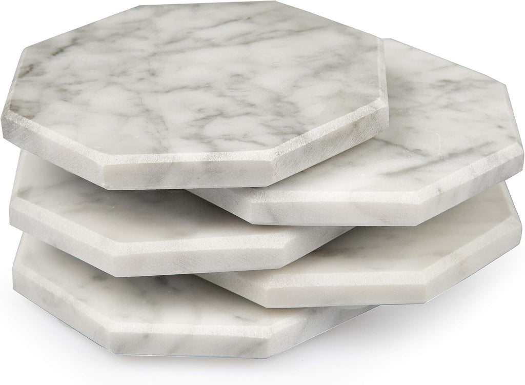 White Carrara Marble Tabletop Coasters with Storage Holder - Set of 5