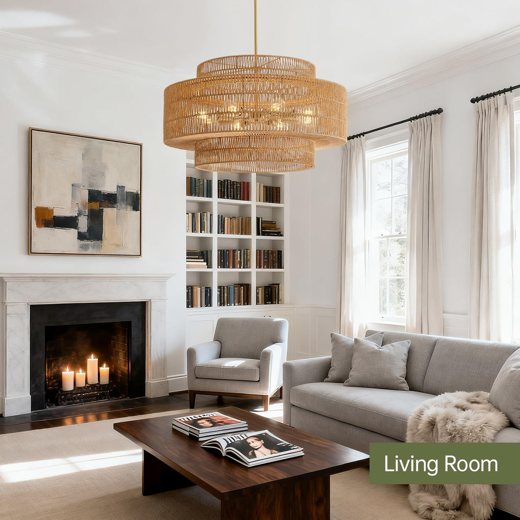 30" Rattan Chandelier, Large Boho Pendant Light