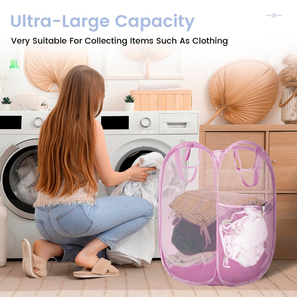2Pack Strong Mesh Pop Up Laundry Hamper, 70L Collapsible Laundry Basket with Steel Frame, Double‐Stitched Handles &
