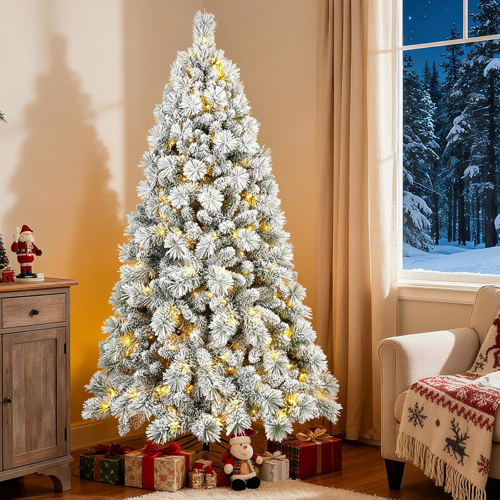 Flocked Christmas Tree , Premium Prelit Christmas Tree - Trees with Lights-White Snow Flocked Pre-lit Trees
