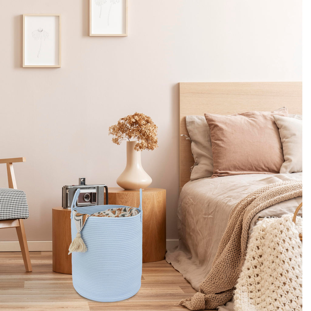 Cotton Rope Laundry Basket Hamper for Clothes, light blue
