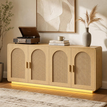 61.7'' Rattan Buffet Cabinet with 4 Doors and Power Outlet, Natural