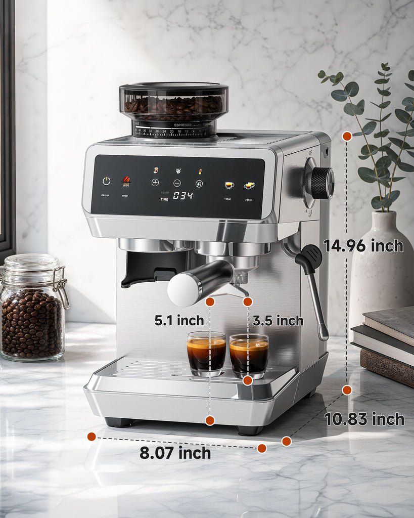 Espresso Machine With Grinder, Temp Control, 44 Grind Settings