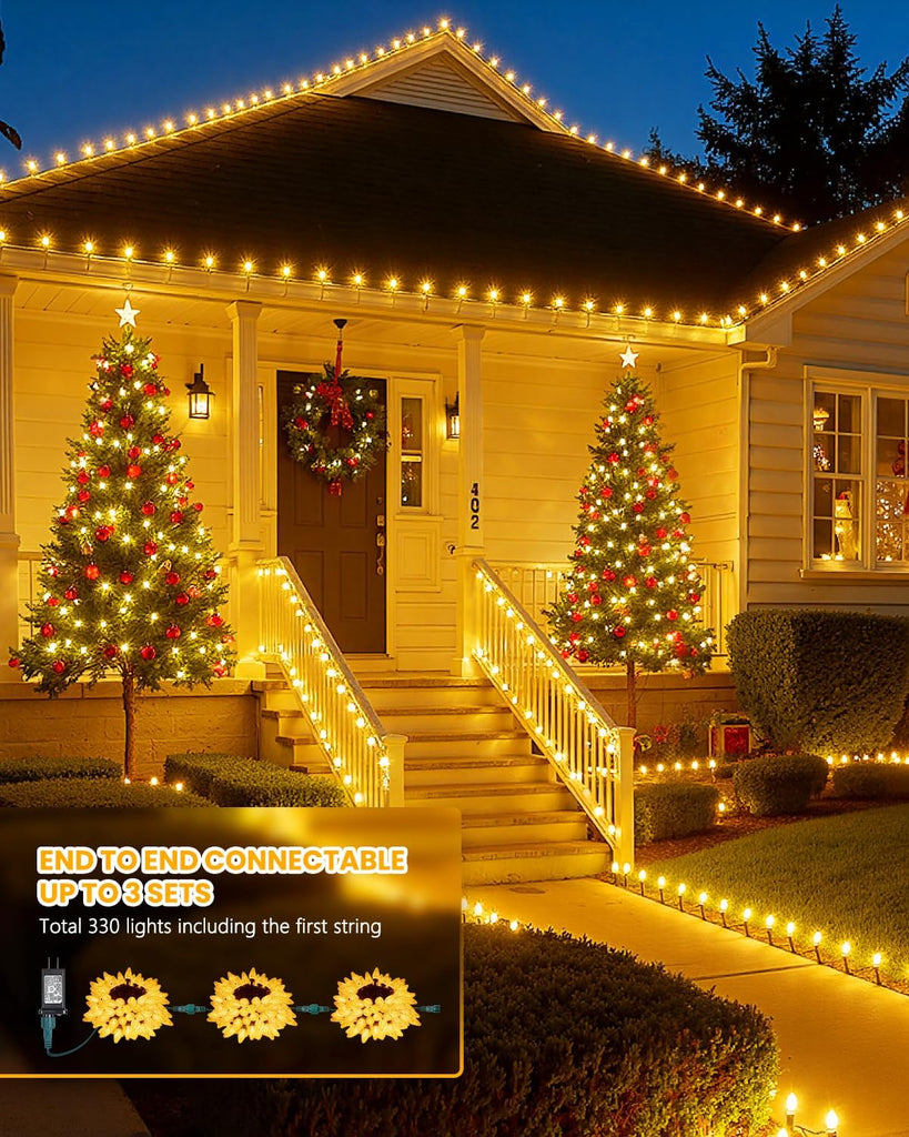 C9-Christmas-Lights-Outdoor,88FT 110LED String Lights with 8 Lighting Mode,Waterproof Connectable UL Certified Warm