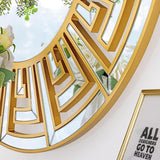 31.5"x31.5" Gold Round Mirror with Decorative Geometric Pattern, Accent Wall Mounted Mirror for Modern Living Room