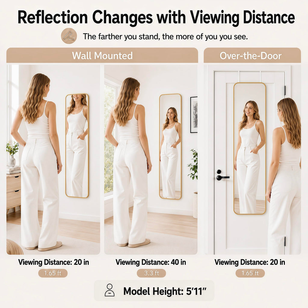 47x14 Full Length Mirror Over the Door Hang or Wall Mounted Gold
