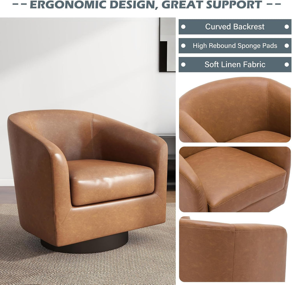 Faux Leather Swivel Accent Chairs, Barrel Armchair, Brown - Set of 2