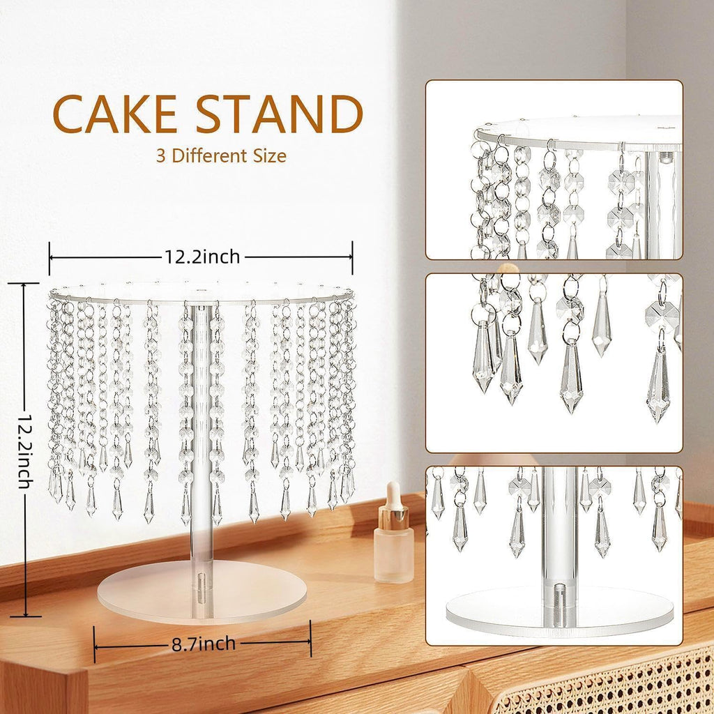 Round Cake Stand - 12 Inch Diameter Acrylic Dessert Display Stand with Crystal Chandelier, Cupcakes Serving Plate