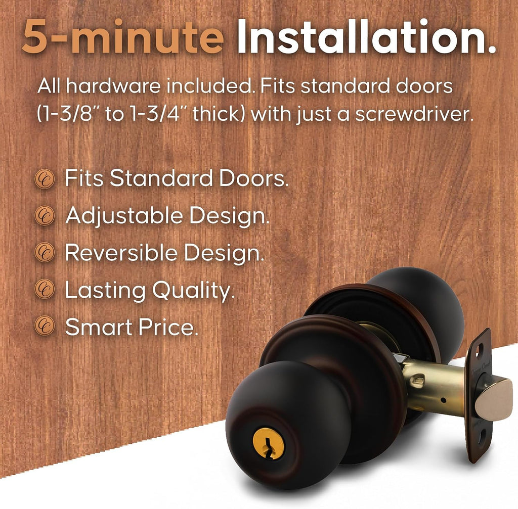 Creek Entry Door Knob - Keyed Entry Handle with Lock and Key, ANSI Grade-3 Certified, DIY-Friendly Install for