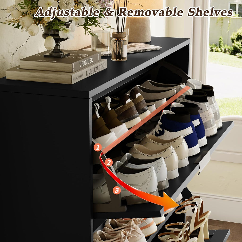 Shoe Storage Cabinet with 2 Flip Drawers, Narrow Wood Shoe Organizer Cabinet with Fluted Panel, Slim Shoe Rack